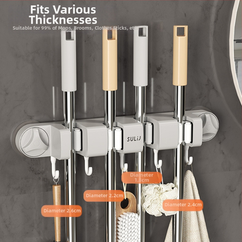 Držiak na mop so sacou na stenu, bez vŕtania, ABS, nosnosť 10–15 kg, viacero háčikov, luxusný štýl, set 60