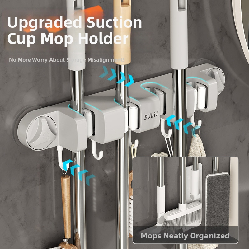 Držiak na mop so sacou na stenu, bez vŕtania, ABS, nosnosť 10–15 kg, viacero háčikov, luxusný štýl, set 60