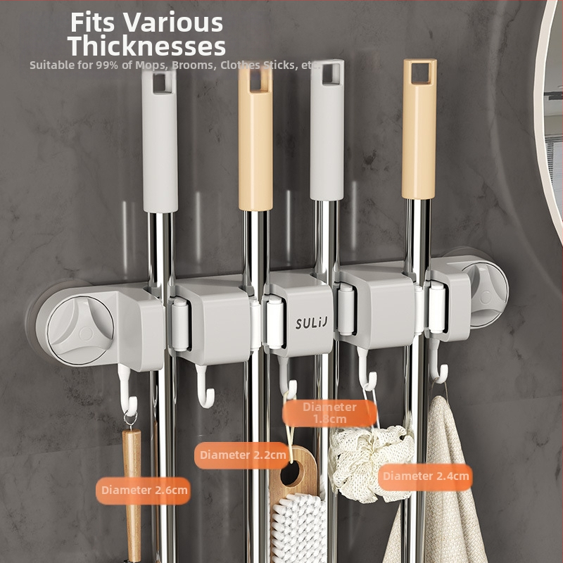 Držiak na mop so sacou na stenu, bez vŕtania, ABS, nosnosť 10–15 kg, viacero háčikov, luxusný štýl, set 60