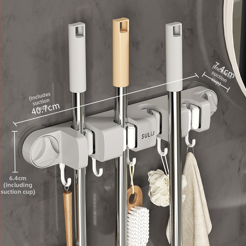 Držiak na mop so sacou na stenu, bez vŕtania, ABS, nosnosť 10–15 kg, viacero háčikov, luxusný štýl, set 60