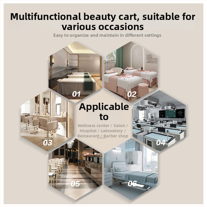 Τροχήλατο τραπεζάκι εξοπλισμού ομορφιάς, φορητό, κατασκευή από μοριοσανίδα πυκνότητας, μοντέρνος μίνιμαλ σχεδιασμός, βάση δαπέδου, 1-επίπεδο