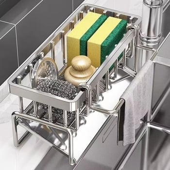Ράφι αποστράγγισης κουζίνας από ανοξείδωτο ατσάλι – πολυχρηστικός οργανωτής για σφουγγάρια και πετσέτες πιάτων, μοντέρνο μινιμαλιστικό στυλ για πάγκο