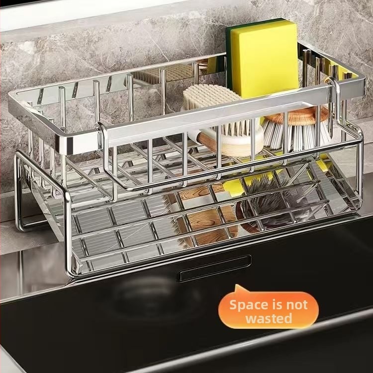 Ράφι αποστράγγισης κουζίνας από ανοξείδωτο ατσάλι – πολυχρηστικός οργανωτής για σφουγγάρια και πετσέτες πιάτων, μοντέρνο μινιμαλιστικό στυλ για πάγκο