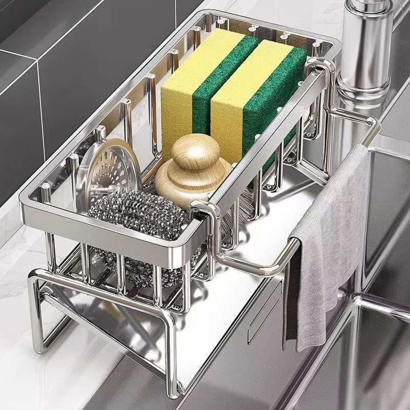 Ράφι αποστράγγισης κουζίνας από ανοξείδωτο ατσάλι – πολυχρηστικός οργανωτής για σφουγγάρια και πετσέτες πιάτων, μοντέρνο μινιμαλιστικό στυλ για πάγκο