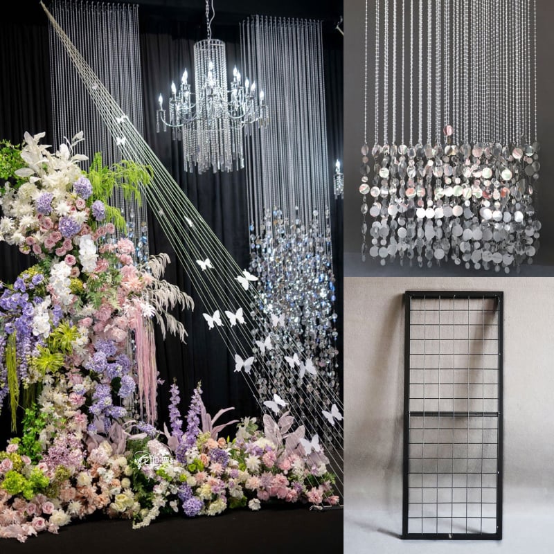 Διακόσμηση οροφής γάμου με μεταλλικό πλαίσιο-πλέγμα, κουρτίνα μαργαριριών και κρύσταλλα — προσαρμοστικό, συσκευασμένο σε τσάντα