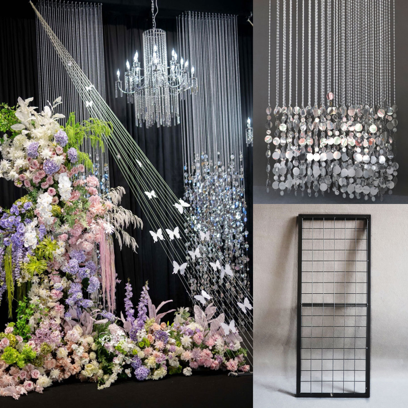 Διακόσμηση οροφής γάμου με μεταλλικό πλαίσιο-πλέγμα, κουρτίνα μαργαριριών και κρύσταλλα — προσαρμοστικό, συσκευασμένο σε τσάντα