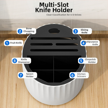 Κουζίνας περιστρεφόμενο ράφι μαχαιριών με ενσωματωμένη αποθήκευση και θήκη για ξυλάκια φαγητού — πλαστικό, τοίχομοντάρισμα, σκανδιναβικό στυλ, χωρίς εγκατάσταση