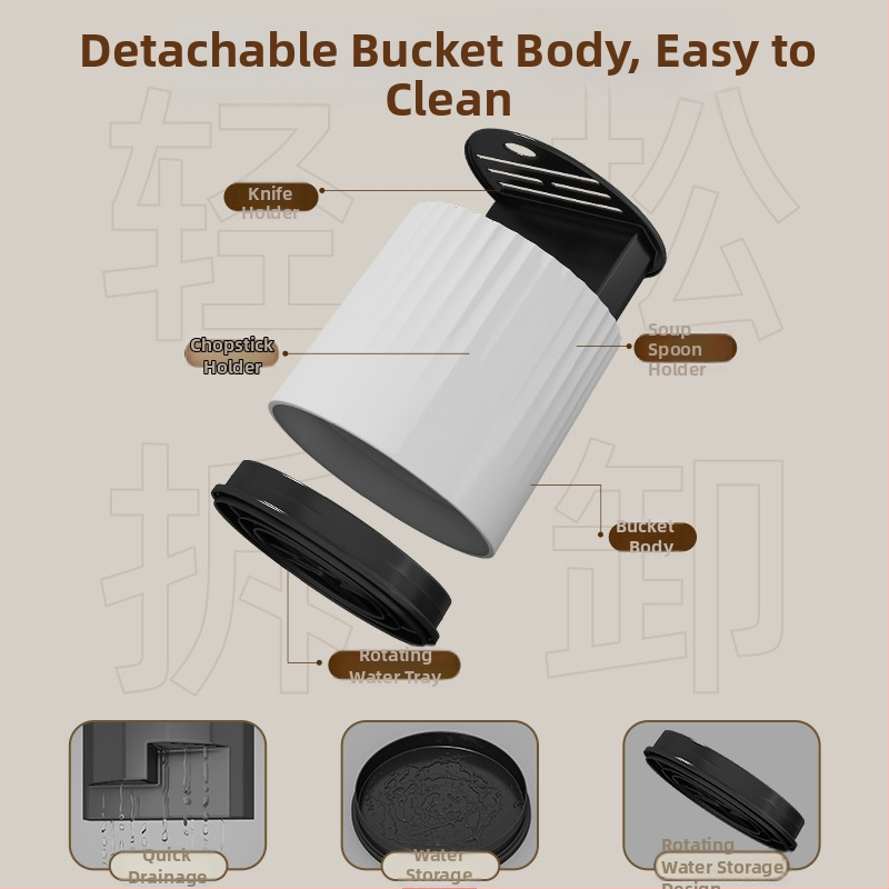 Κουζίνας περιστρεφόμενο ράφι μαχαιριών με ενσωματωμένη αποθήκευση και θήκη για ξυλάκια φαγητού — πλαστικό, τοίχομοντάρισμα, σκανδιναβικό στυλ, χωρίς εγκατάσταση