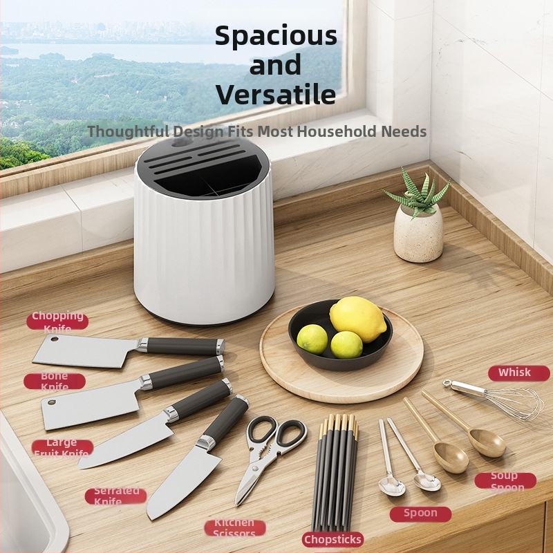 Κουζίνας περιστρεφόμενο ράφι μαχαιριών με ενσωματωμένη αποθήκευση και θήκη για ξυλάκια φαγητού — πλαστικό, τοίχομοντάρισμα, σκανδιναβικό στυλ, χωρίς εγκατάσταση