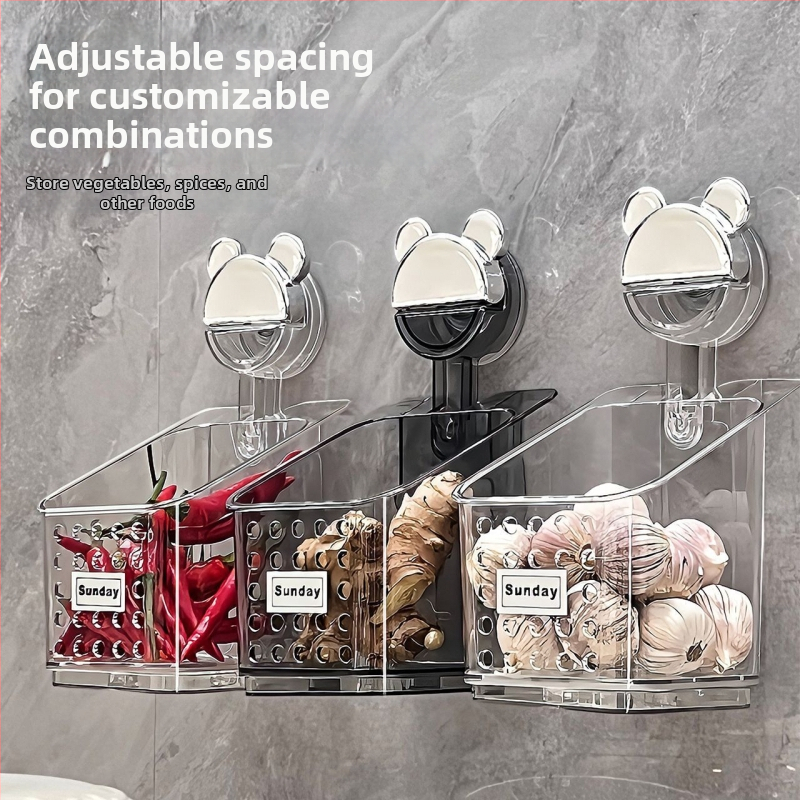 Τοίχου ράφι αποθήκευσης με βύσμα αναρρόφησης για πράσα, τζίντζερ και σκόρδο — Κουζίνα, χωρίς διάτρηση