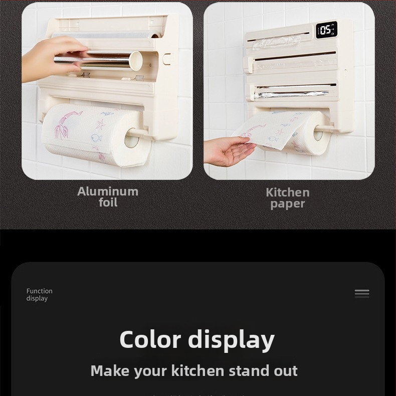 Επιτοίχιος 5-σε-1 πλαστικός κόπτης φιλμ για κουζίνα, αλουμινόχαρτο και ράφι χαρτιού, χωρίς εγκατάσταση, ορθογώνιος σχεδιασμός