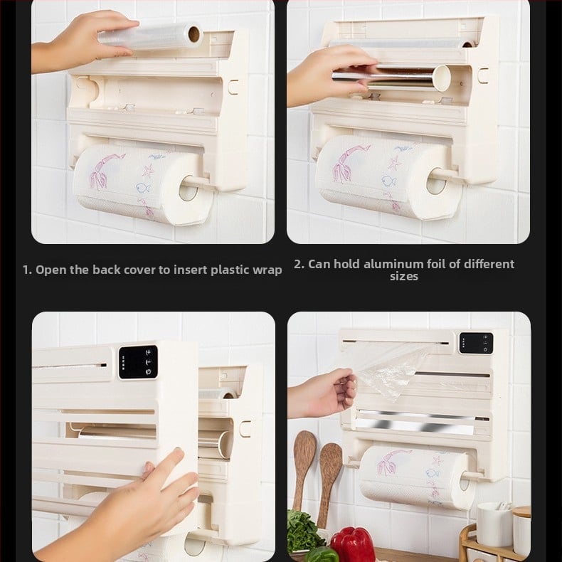 Επιτοίχιος 5-σε-1 πλαστικός κόπτης φιλμ για κουζίνα, αλουμινόχαρτο και ράφι χαρτιού, χωρίς εγκατάσταση, ορθογώνιος σχεδιασμός