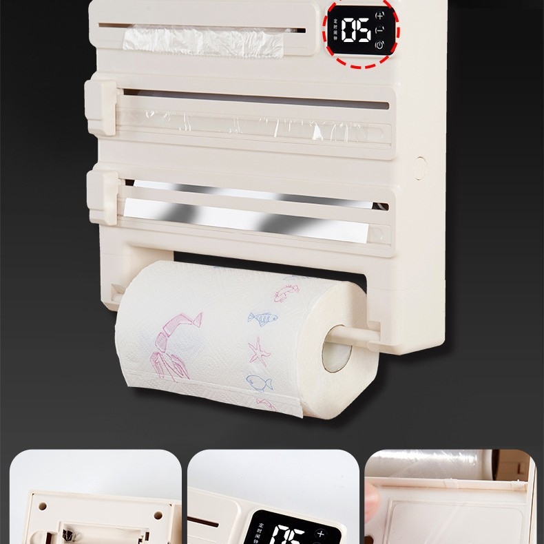 Επιτοίχιος 5-σε-1 πλαστικός κόπτης φιλμ για κουζίνα, αλουμινόχαρτο και ράφι χαρτιού, χωρίς εγκατάσταση, ορθογώνιος σχεδιασμός