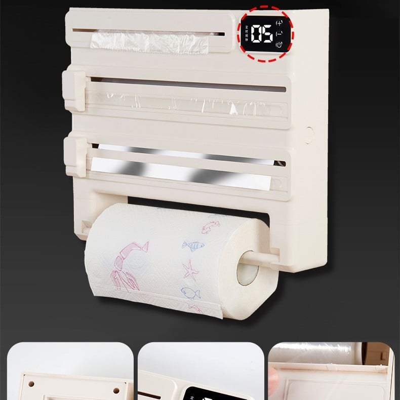 Επιτοίχιος 5-σε-1 πλαστικός κόπτης φιλμ για κουζίνα, αλουμινόχαρτο και ράφι χαρτιού, χωρίς εγκατάσταση, ορθογώνιος σχεδιασμός