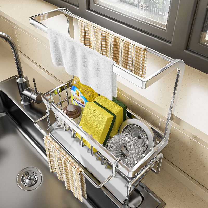 Ράφι κουζίνας από ανοξείδωτο ατσάλι για νεροχύτη, ράφι στέγνωσης με ψηλή ράβδο για πανιά πιάτων και σφουγγάρια, αποθήκευση μεταλλικών σφαιριδίων