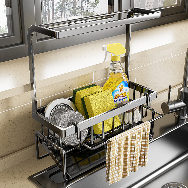 Ράφι κουζίνας από ανοξείδωτο ατσάλι για νεροχύτη, ράφι στέγνωσης με ψηλή ράβδο για πανιά πιάτων και σφουγγάρια, αποθήκευση μεταλλικών σφαιριδίων