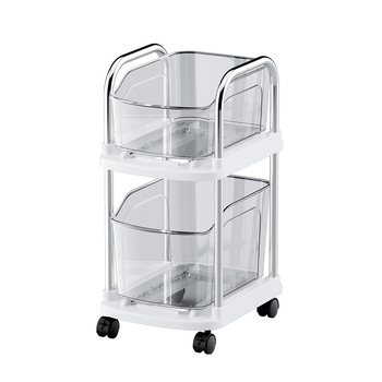 Πλαστικό τροχήλατο ράφι αποθήκευσης δύο επιπέδων για δάπεδο, περιστρεφόμενα και μετακινούμενα ράφια