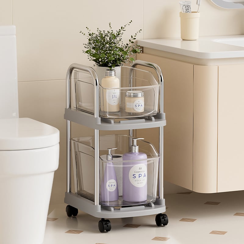 Πλαστικό τροχήλατο ράφι αποθήκευσης δύο επιπέδων για δάπεδο, περιστρεφόμενα και μετακινούμενα ράφια