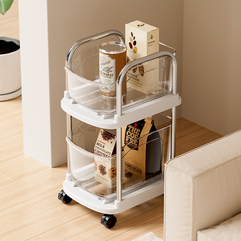 Πλαστικό τροχήλατο ράφι αποθήκευσης δύο επιπέδων για δάπεδο, περιστρεφόμενα και μετακινούμενα ράφια