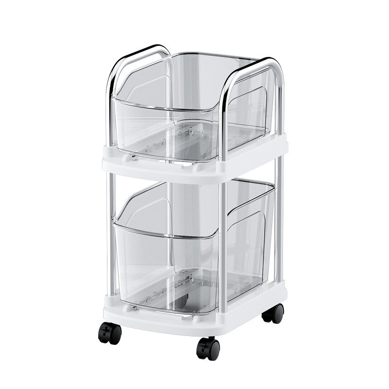 Πλαστικό τροχήλατο ράφι αποθήκευσης δύο επιπέδων για δάπεδο, περιστρεφόμενα και μετακινούμενα ράφια