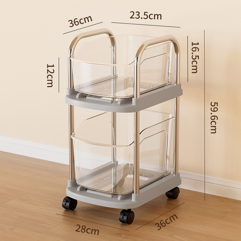 Πλαστικό τροχήλατο ράφι αποθήκευσης δύο επιπέδων για δάπεδο, περιστρεφόμενα και μετακινούμενα ράφια