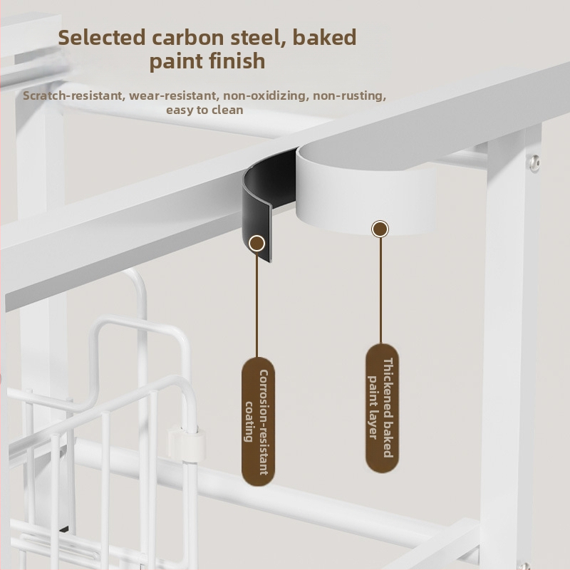 Συρόμενο ράφι αποθήκευσης νεροχύτη κουζίνας — πολυχρηστικό, κατασκευασμένο από ανθρακούχο ατσάλι, πολυεπίπενο ντουλάπι, μοντέρνος απλός σχεδιασμός