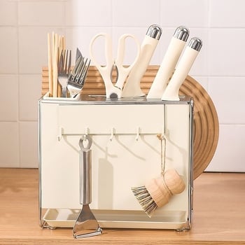 Πολυλειτουργική θήκη αποθήκευσης μαχαιριών, ξυλάκια φαγητού και σανίδων κοπής — ορθογώνιος σχεδιασμός, εγκατάσταση σε πάγκο, χάλυβας άνθρακα