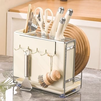 Πολυλειτουργική θήκη αποθήκευσης μαχαιριών, ξυλάκια φαγητού και σανίδων κοπής — ορθογώνιος σχεδιασμός, εγκατάσταση σε πάγκο, χάλυβας άνθρακα