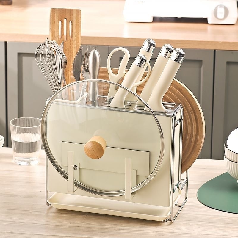 Πολυλειτουργική θήκη αποθήκευσης μαχαιριών, ξυλάκια φαγητού και σανίδων κοπής — ορθογώνιος σχεδιασμός, εγκατάσταση σε πάγκο, χάλυβας άνθρακα