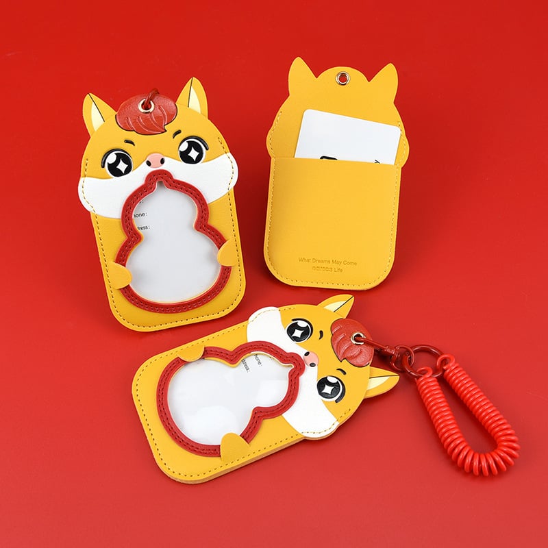 Кожен държач за карти с двойни отделения и разтегателен ключодържател — висулка за кола, тема Годината на коня