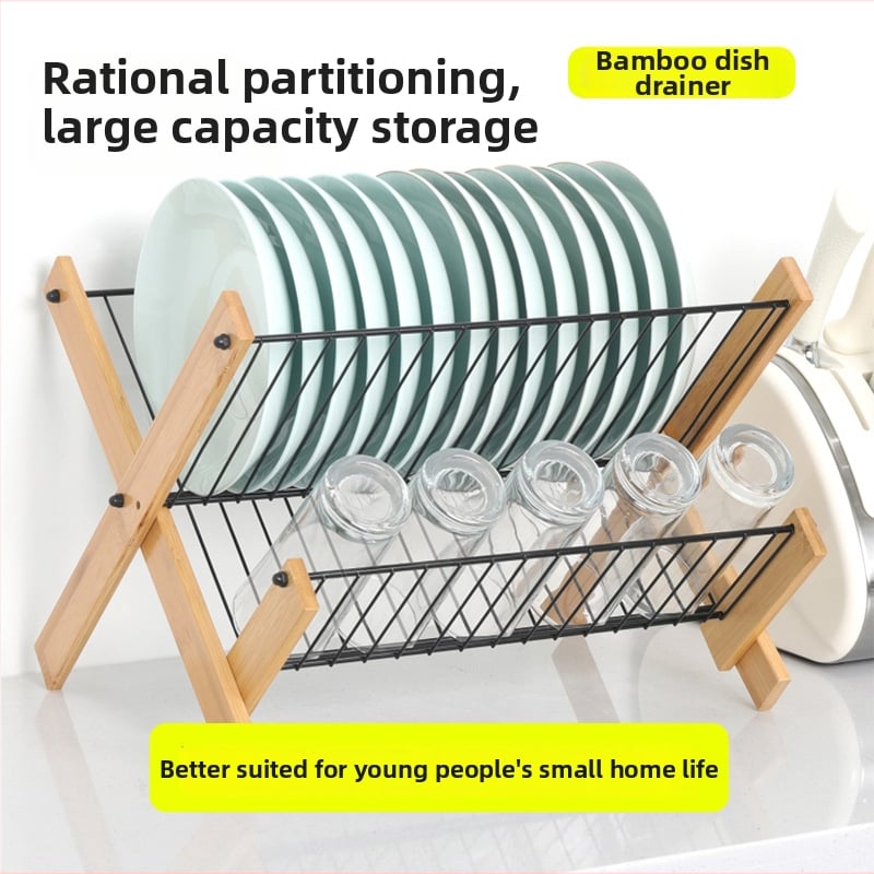 Ράφι αποστράγγισης πιάτων, αναδιπλούμενο από μπαμπού και ξύλο, κουζίνας, μοντέρνος μινιμαλισμός (Προέλευση: Κίνα, Εκκίνηση: 2025)