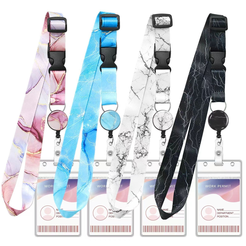 Lanyard za karticu od poliestera s mramornim uzorkom, s izvučnim mehanizmom i PVC držačem za karticu