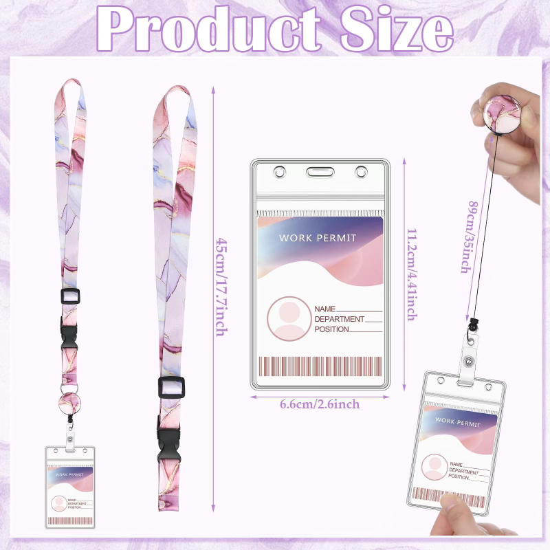 Lanyard za karticu od poliestera s mramornim uzorkom, s izvučnim mehanizmom i PVC držačem za karticu