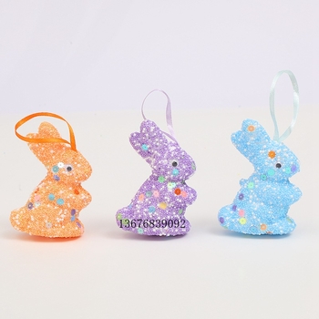 Pjenasti uskršnji ukras jaja s motivom zeca i šljokicama; Materijal: pjena; Kategorija: uskršnje jaje; Nije uvezeno; Bez IP ovlašćenja.