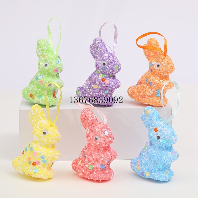 Pjenasti uskršnji ukras jaja s motivom zeca i šljokicama; Materijal: pjena; Kategorija: uskršnje jaje; Nije uvezeno; Bez IP ovlašćenja.