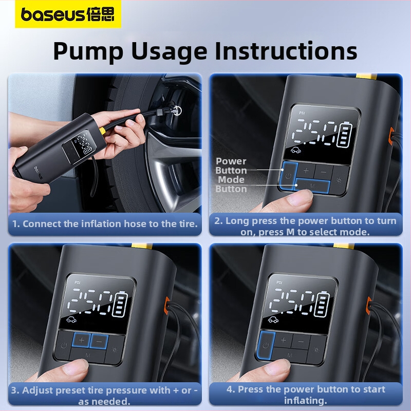 Baseus Ultra-Mini Pro bežična pumpa za zrak u automobilu s mjerenjem tlaka u gumama, digitalni zaslon, upozoravajuća svjetlost, snaga ispod 80W, više od dva cilindra