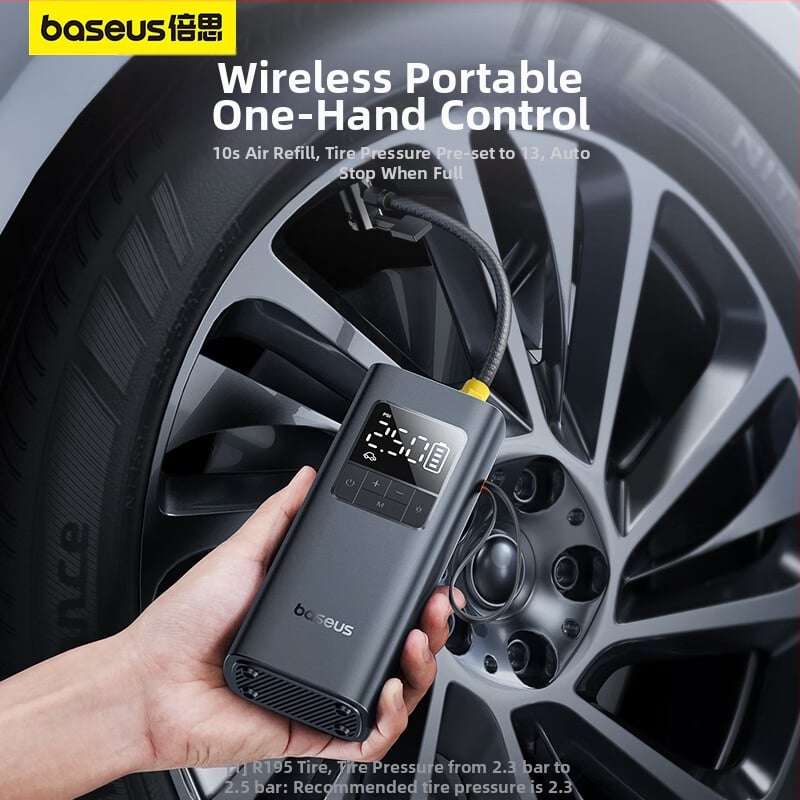 Baseus Ultra-Mini Pro bežična pumpa za zrak u automobilu s mjerenjem tlaka u gumama, digitalni zaslon, upozoravajuća svjetlost, snaga ispod 80W, više od dva cilindra