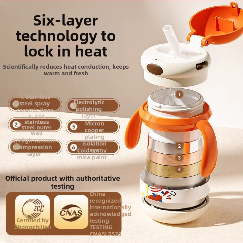 Dječji termos čaša Imperial Star, unutarnji 316 nehrđajući čelik, vanjski 304 nehrđajući čelik, izolacija 6–12 sati, s drškom i slamkom, crtić dizajn