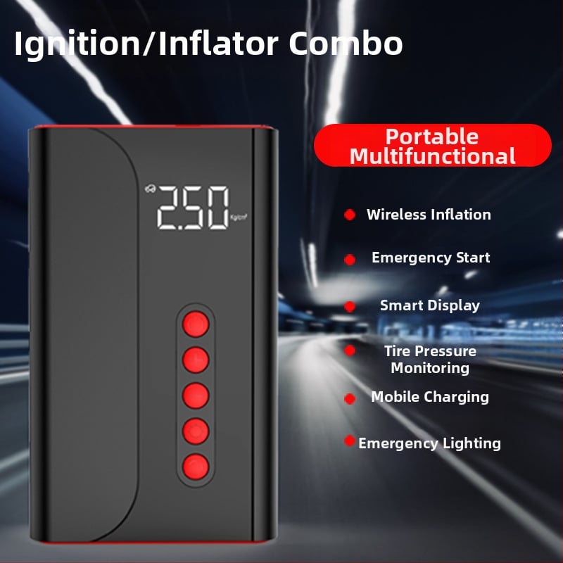 Automobilsko hitno pokretanje s integriranom pumpom — digitalni zaslon, unaprijed postavljen tlak u gumama, 80W, protok zraka 35 L/min, USB punjenje