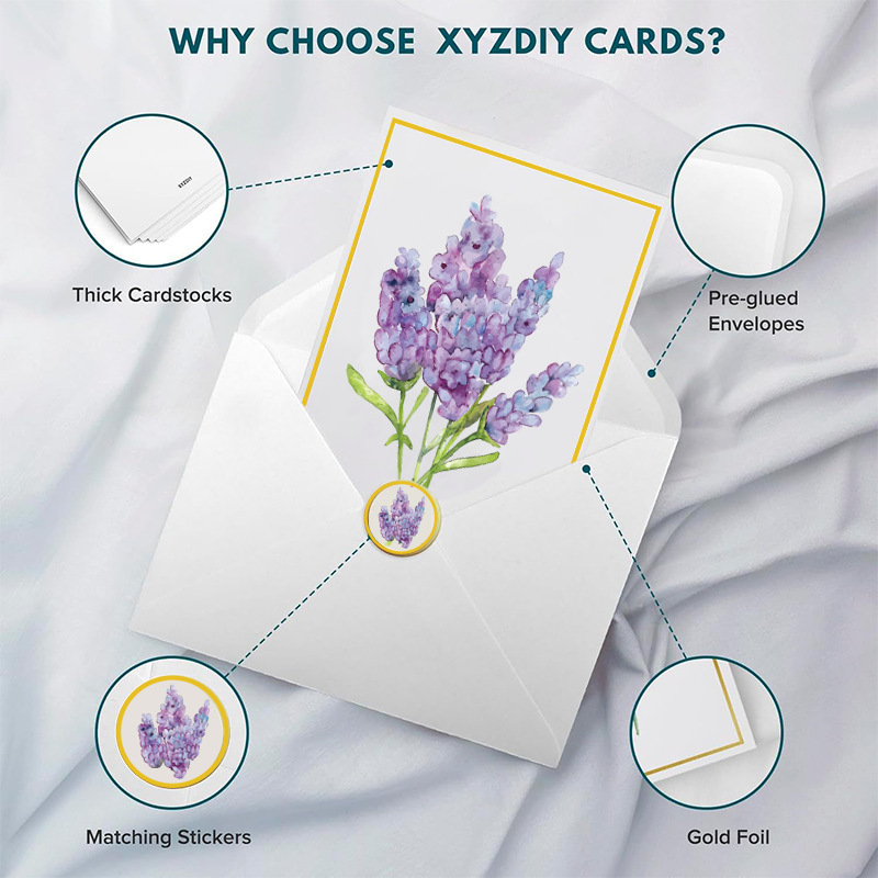 Card de felicitare Royal Xia: hârtie, imprimare color, ilustrație pictată manual, design floral variat, cu plic