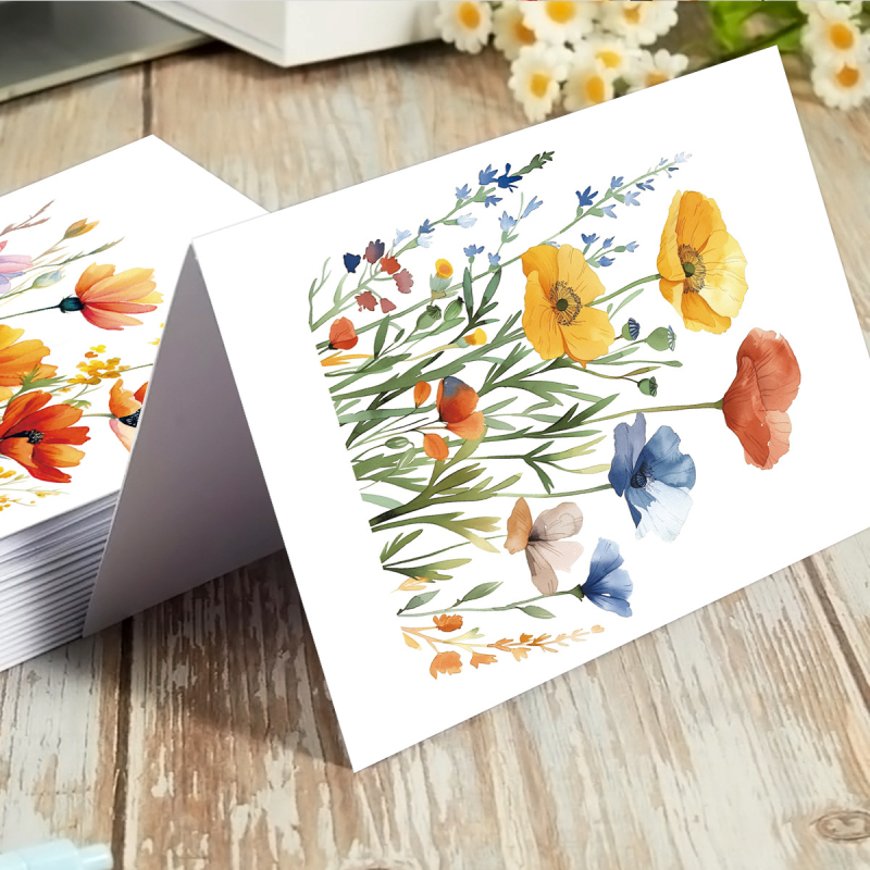 Set de 12 felicitări cu ilustrații în acuarelă ale florilor sălbatice - hârtie, imprimare color, ilustrație desenată manual