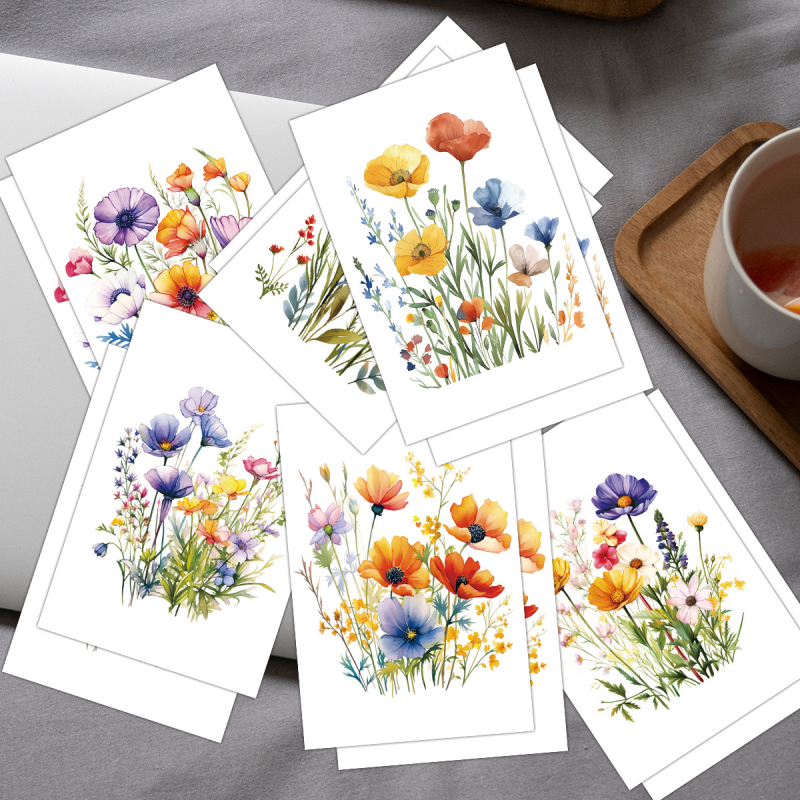 Set de 12 felicitări cu ilustrații în acuarelă ale florilor sălbatice - hârtie, imprimare color, ilustrație desenată manual