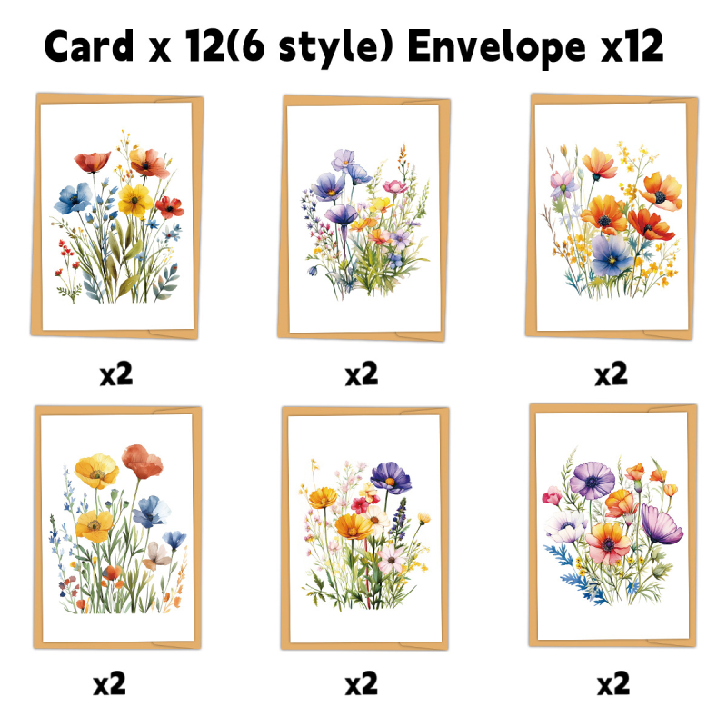 Set de 12 felicitări cu ilustrații în acuarelă ale florilor sălbatice - hârtie, imprimare color, ilustrație desenată manual