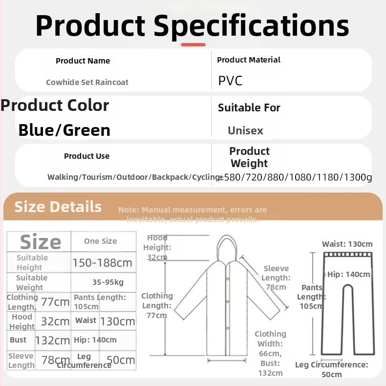 Πόντσο βροχής για ενήλικες από PVC, με επένδυση, παχύ, αδιάβροχο, ύφασμα 0,1–0,5 mm, κατάλληλο για υπαίθριες πεζοπορίες