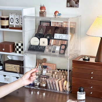 Επιτραπέζιο ράφι οργάνωσης καλλυντικών με προστασία από σκόνη, PET υλικό, 3+ επίπεδα για κραγιόν, πούδρα και σκιά ματιών