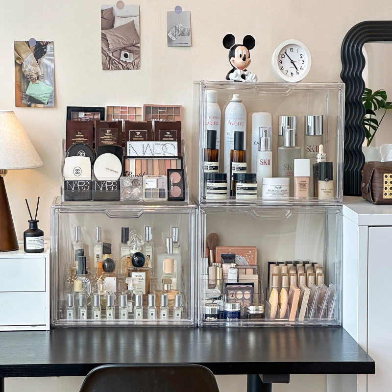 Επιτραπέζιο ράφι οργάνωσης καλλυντικών με προστασία από σκόνη, PET υλικό, 3+ επίπεδα για κραγιόν, πούδρα και σκιά ματιών