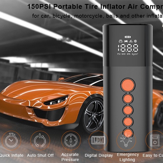 Ασύρματη αντλία ελαστικών αυτοκινήτου με μπαταρία 6000mAh, ψηφιακή οθόνη, φόρτιση USB-C, είσοδος 5V/12V, 220W, ροή αέρα 20 L/min, σωλήνας 170 cm, πολλαπλών κυλίνδρων σχεδίαση