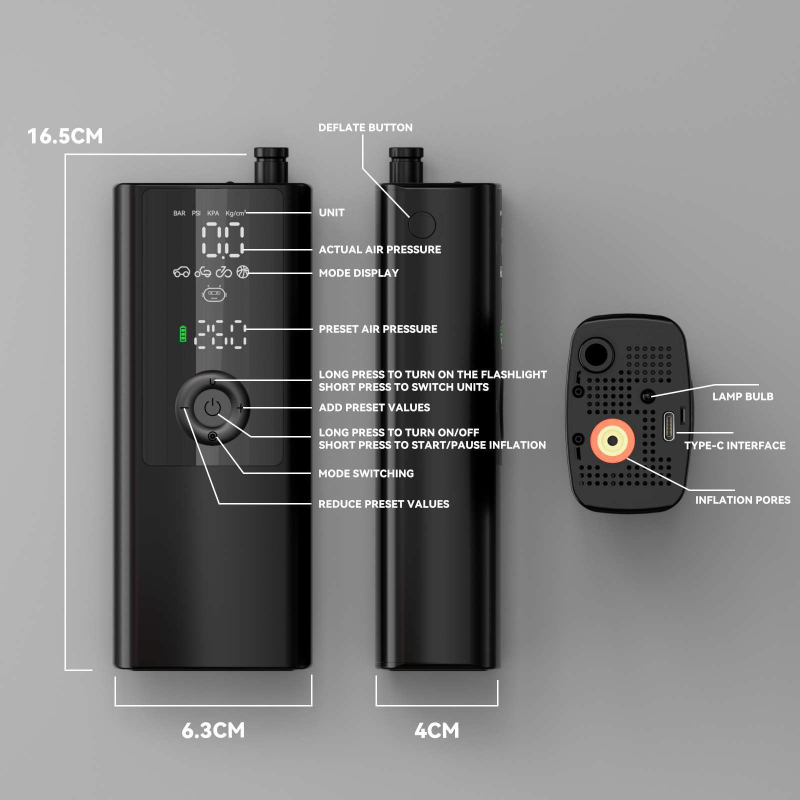Prijenosni bežični auto inflator s LED svjetlom, 7.4V, 25 L/min, ≤80W, 373 g