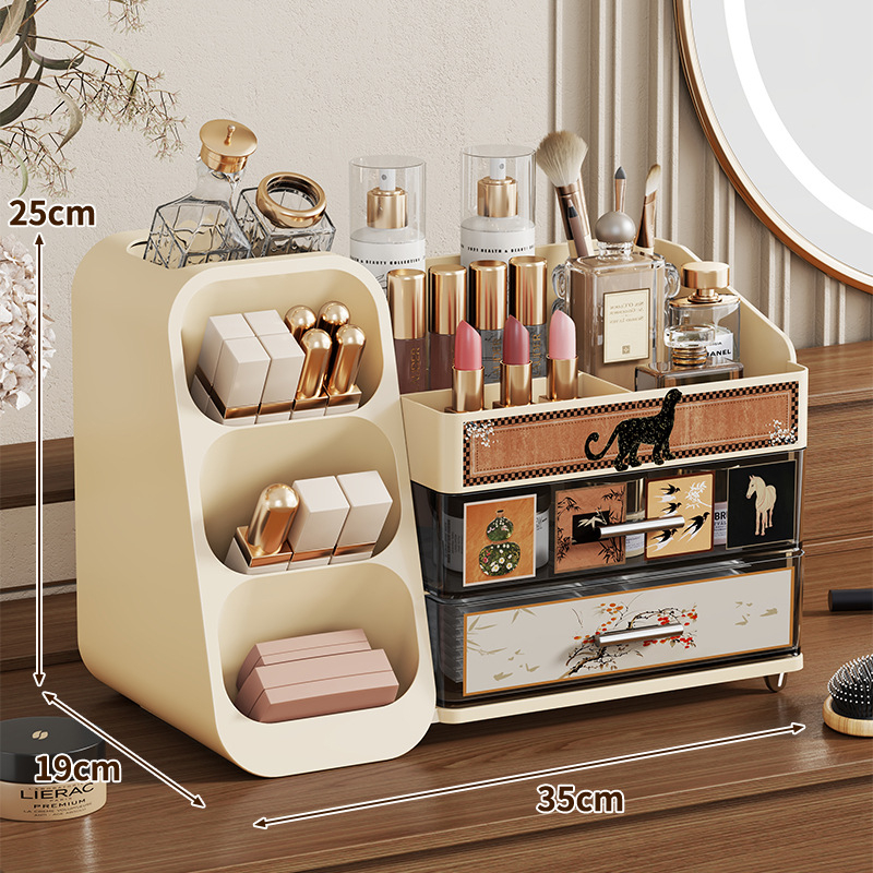 Kozmetikai tároló az asztalhoz, nagy kapacitású fiókkal, porálló, ABS+PET anyagból, modern minimalist stílus, sminkecsetek tárolása