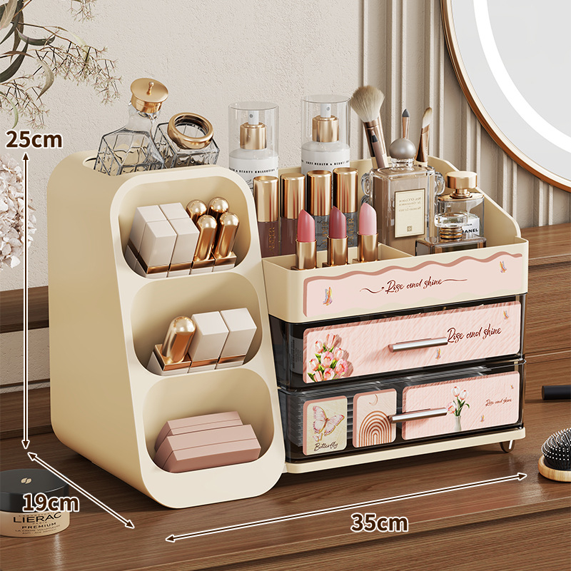 Kozmetikai tároló az asztalhoz, nagy kapacitású fiókkal, porálló, ABS+PET anyagból, modern minimalist stílus, sminkecsetek tárolása